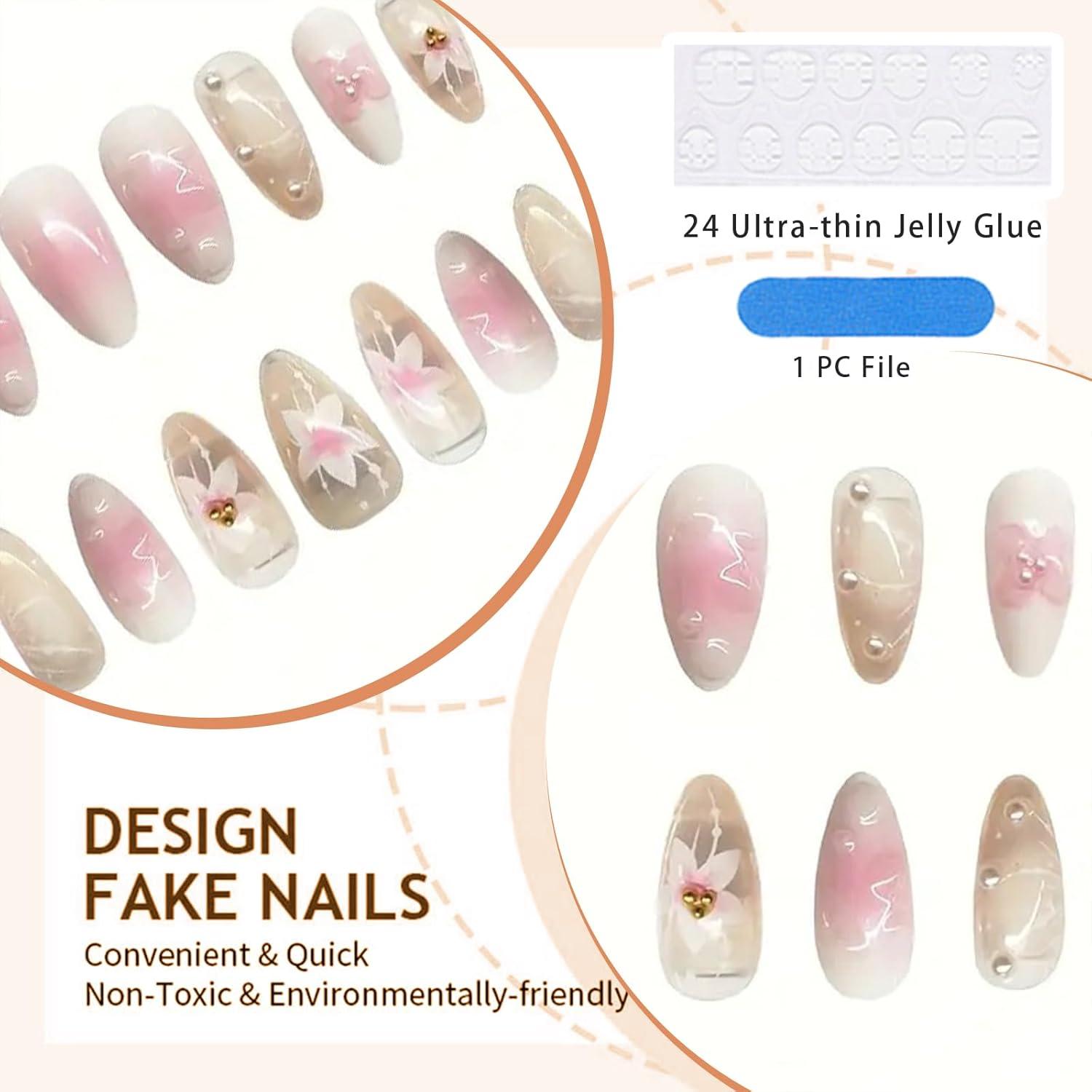 24 Stück 3D Blumen Press on Nägel Mittel Mandelform Falsche Nägel Perl