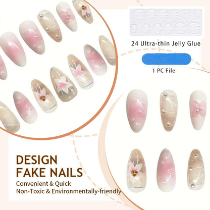 24 Stück 3D Blumen Press on Nägel Mittel Mandelform Falsche Nägel Perl