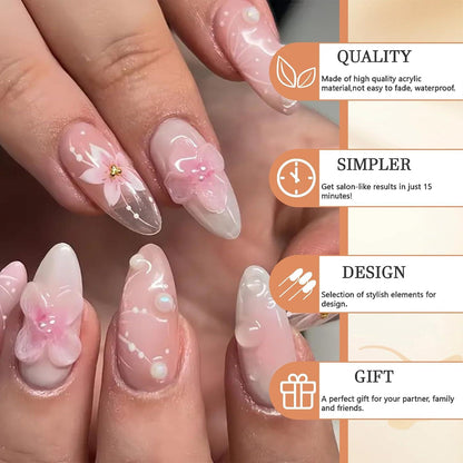 GlamRays 24er Set 3D Blumen Press on Nägel Mittel Mandelform Perl Designs Rosa Glänzend Akrylnägel
