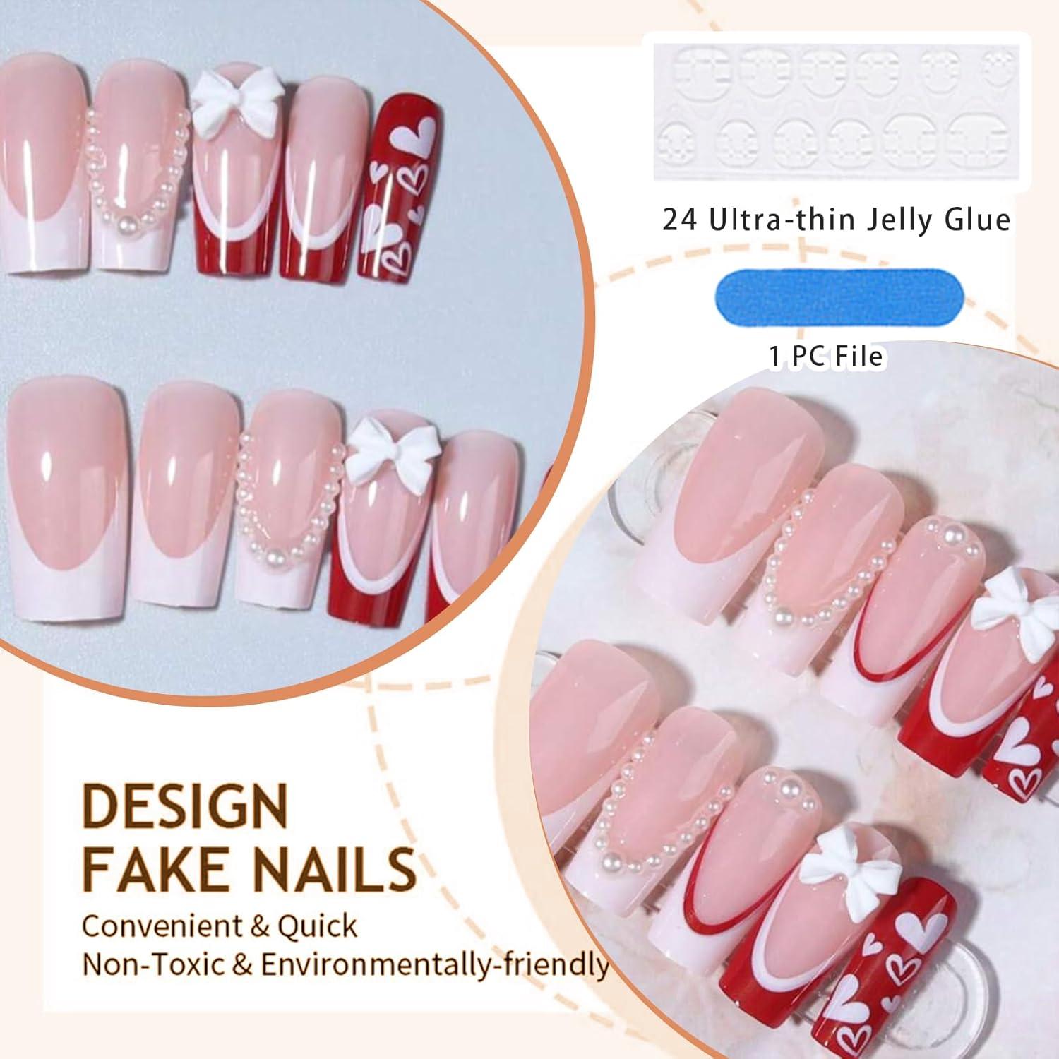 Französische Falsche Nägel Set mit Charms und Schleife