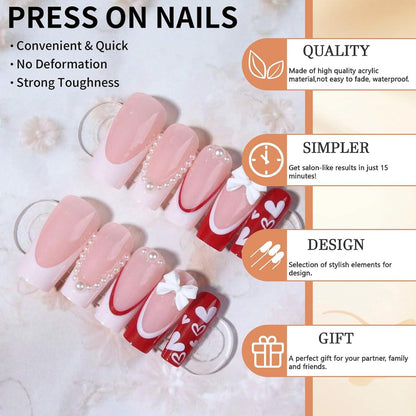 Französische Nagel-Druckplatten Rot/Weiß 24 Stück Heart Charms GlamRays