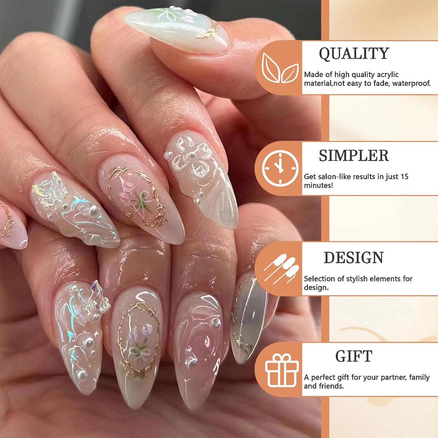 24 Stück 3D Handgemachte Mittel Almond Nägel mit Charms - Schmetterling Blume Schlinge