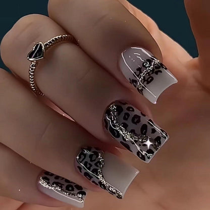 24 Stück Press on Nails Schwarz Leopard Falsche Nägel Glänzend