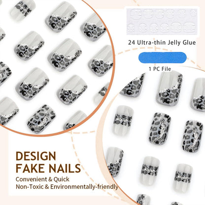 24 Stück Press on Nails Schwarz Leopard Falsche Nägel Glänzend
