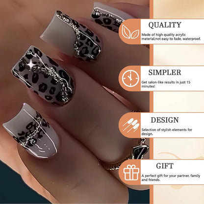 24 Stück Schwarz Leopard Press on Nägel inkl. Kleber - Mittlere Größe quadratische Falsche Nägel - Glänzendes Finish - Akrylnägel