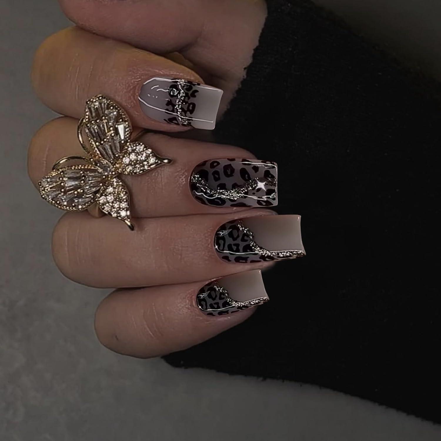24 Stück Schwarz Leopard Quadratische Press on Nägel Glänzend
