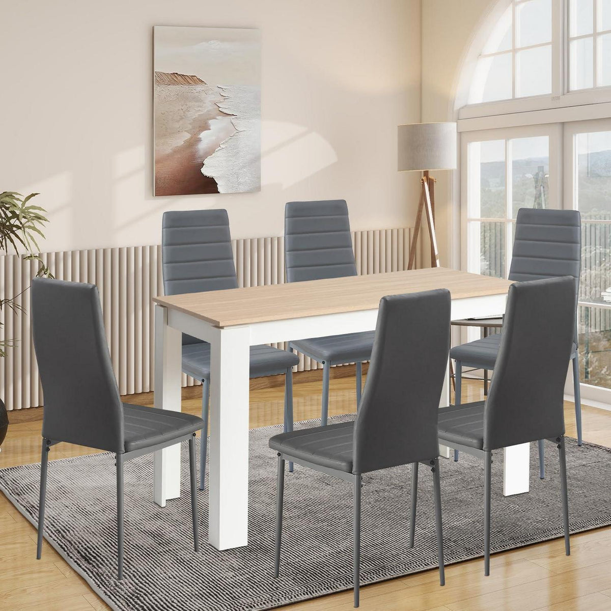 Esszimmergruppe Eiche-Weiß 120cm mit 6 Grau Stühlen in Lederoptik