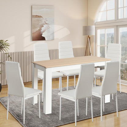 Esszimmergruppe Eiche-Weiß mit 6 Hochlehner Stühlen in Lederoptik