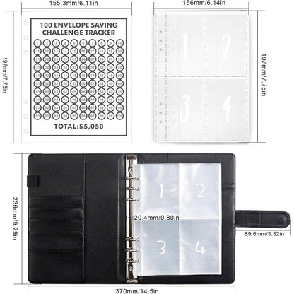 Budget Binder Sparbuch A5 Kunstleder 100 Umschläge Schwarz