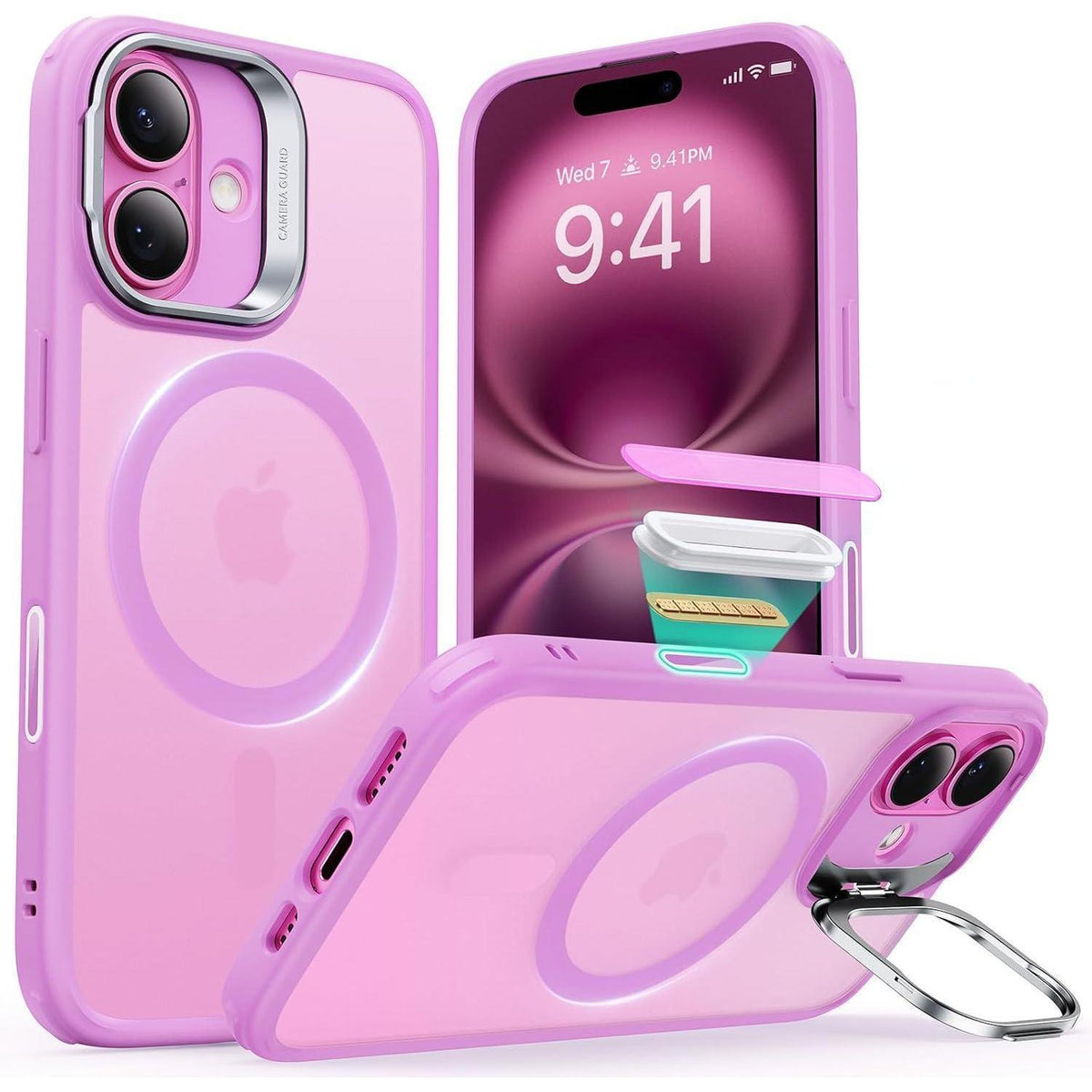 iPhone 16 Hülle mit MagSafe & integriertem Ständer, Klares Rosa