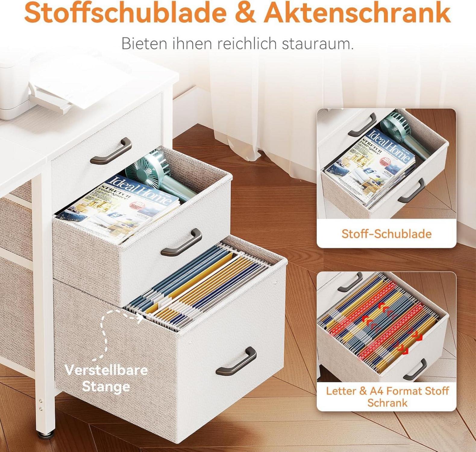 Schreibtisch mit 3 Schubladen, Computertisch mit Haken und Stofftasche, PC-Schreibtisch für Heimbüro