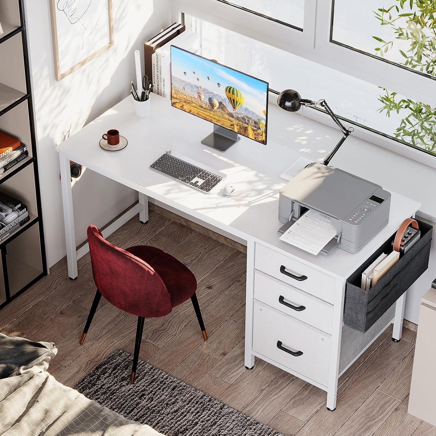 Schreibtisch mit 3 Schubladen, Computertisch mit Haken und Stofftasche, PC-Schreibtisch für Heimbüro