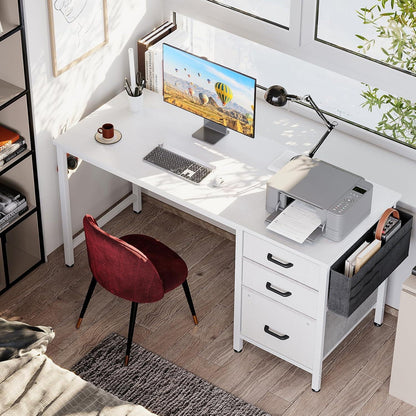Schreibtisch mit 3 Schubladen, Computertisch mit Haken und Stofftasche, PC-Schreibtisch für Heimbüro
