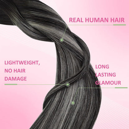 Echthaar Tape Extensions Ombre Schwarz Silber 60 cm