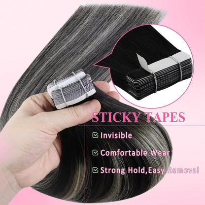 Echthaar Tape Extensions Ombre Schwarz Silber 60 cm