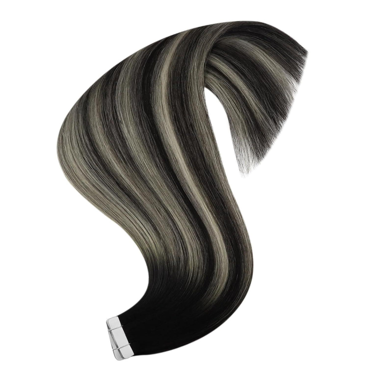 Echthaar Tape Extensions Ombre Schwarz Silber 60 cm
