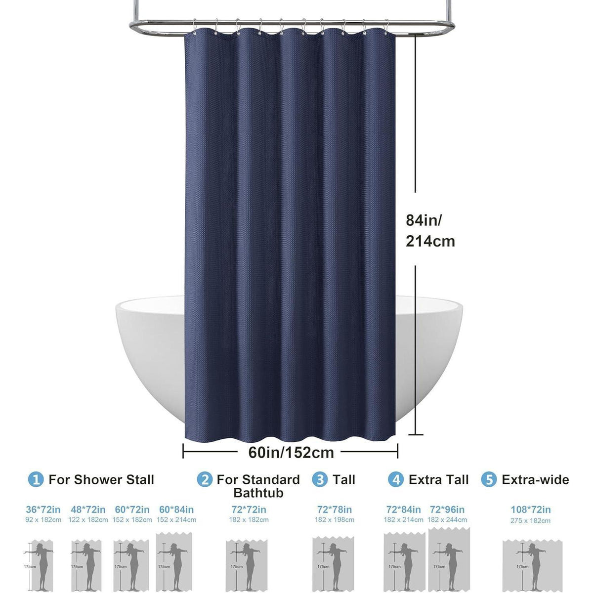 Waffel Duschvorhang wasserdicht - Marineblau 152x214cm