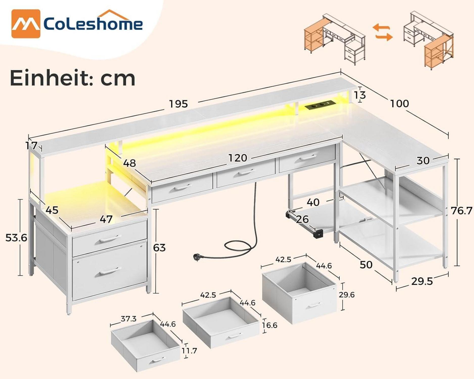 Modernes LED Gaming Schreibtisch Weiß 195x100cm