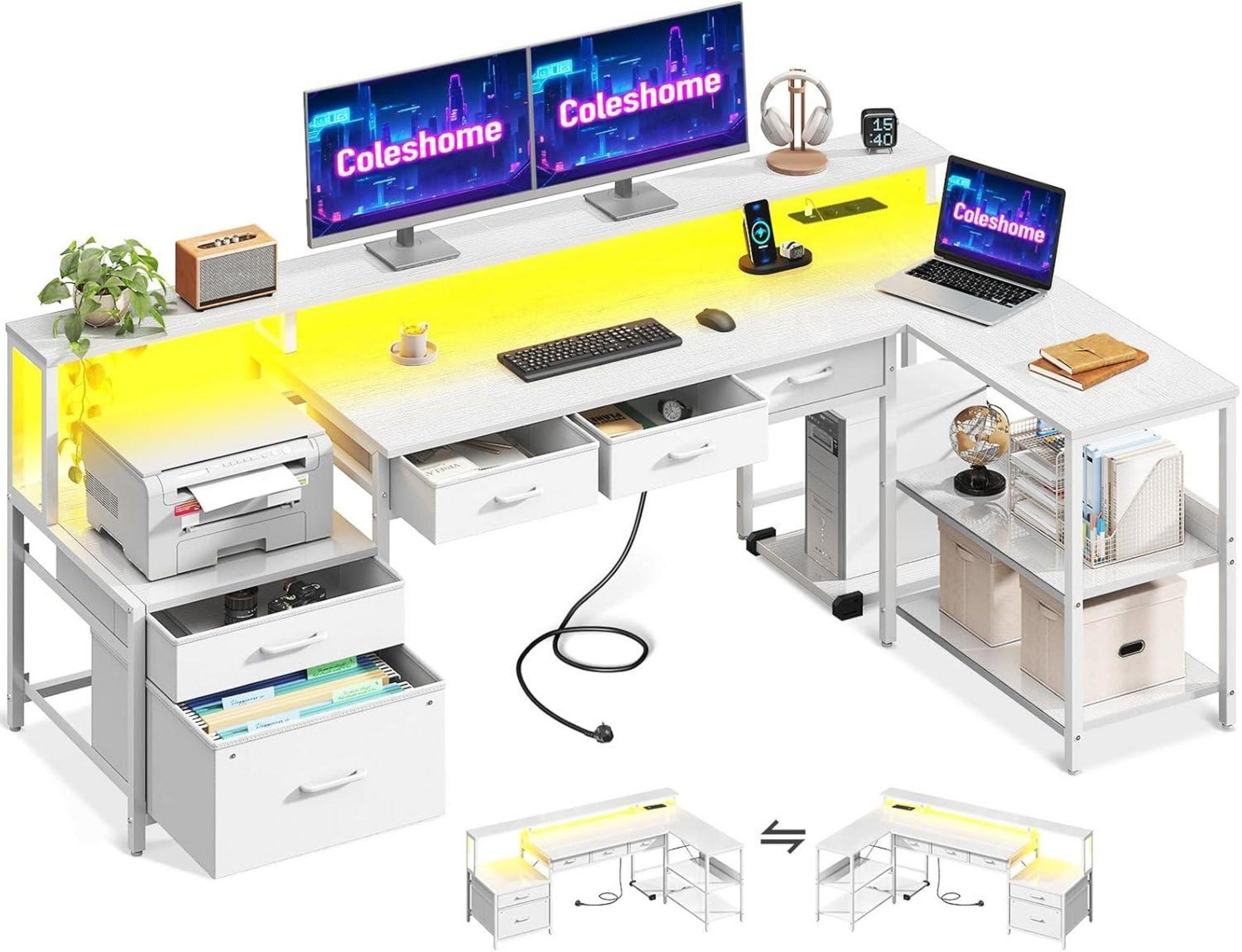 Schreibtisch L Form mit Schubladen LED Monitorständer
