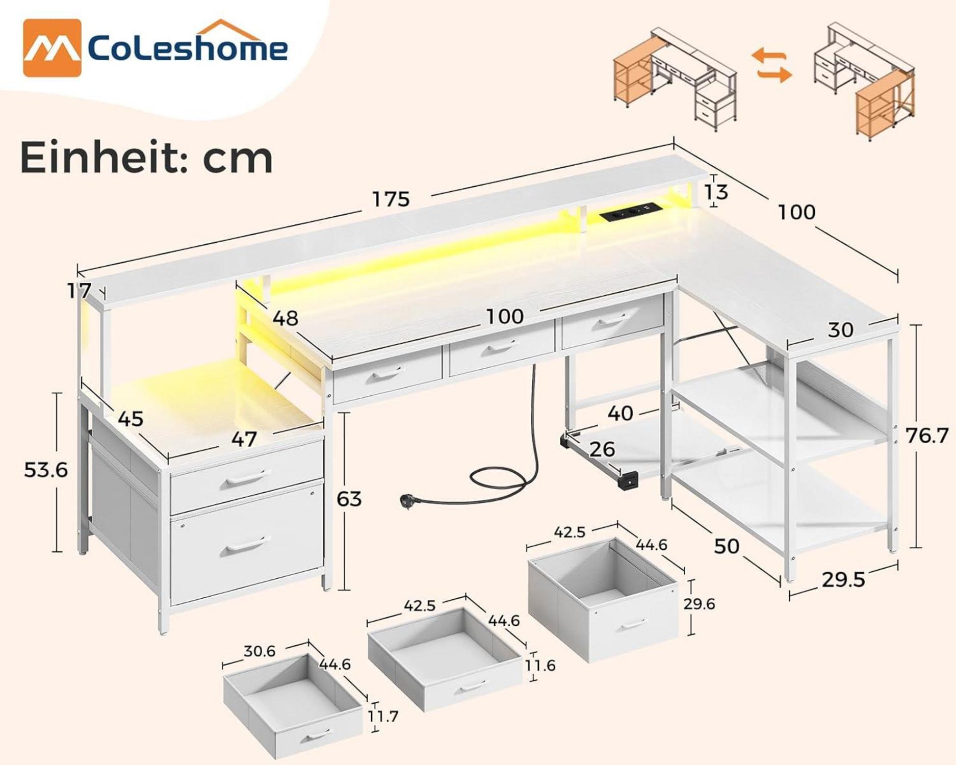 Schreibtisch L Form mit Schubladen LED Monitorständer