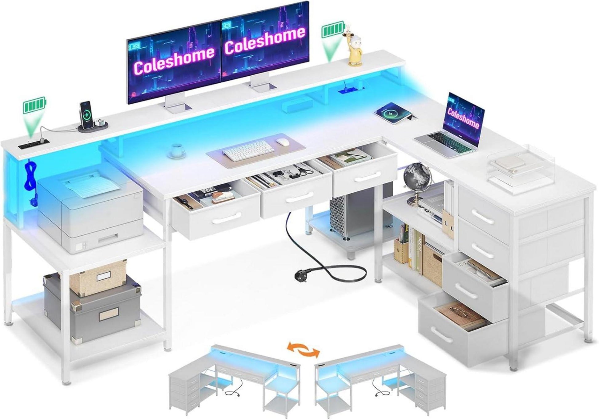 Gaming Eckschreibtisch mit RGB LED und Schubladen, L