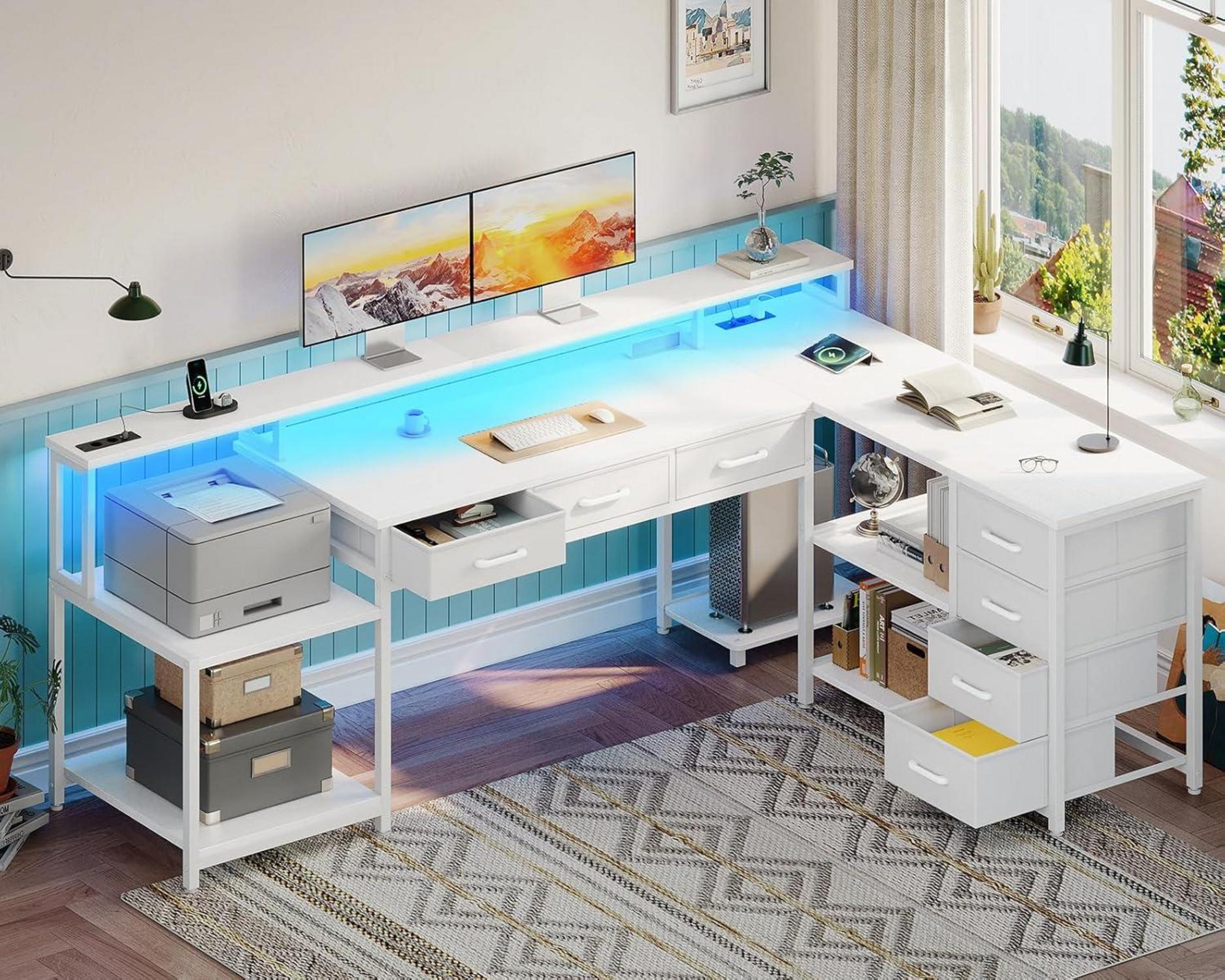 Gaming Schreibtisch mit RGB LED, L-Form, 7 Schubladen, 2
