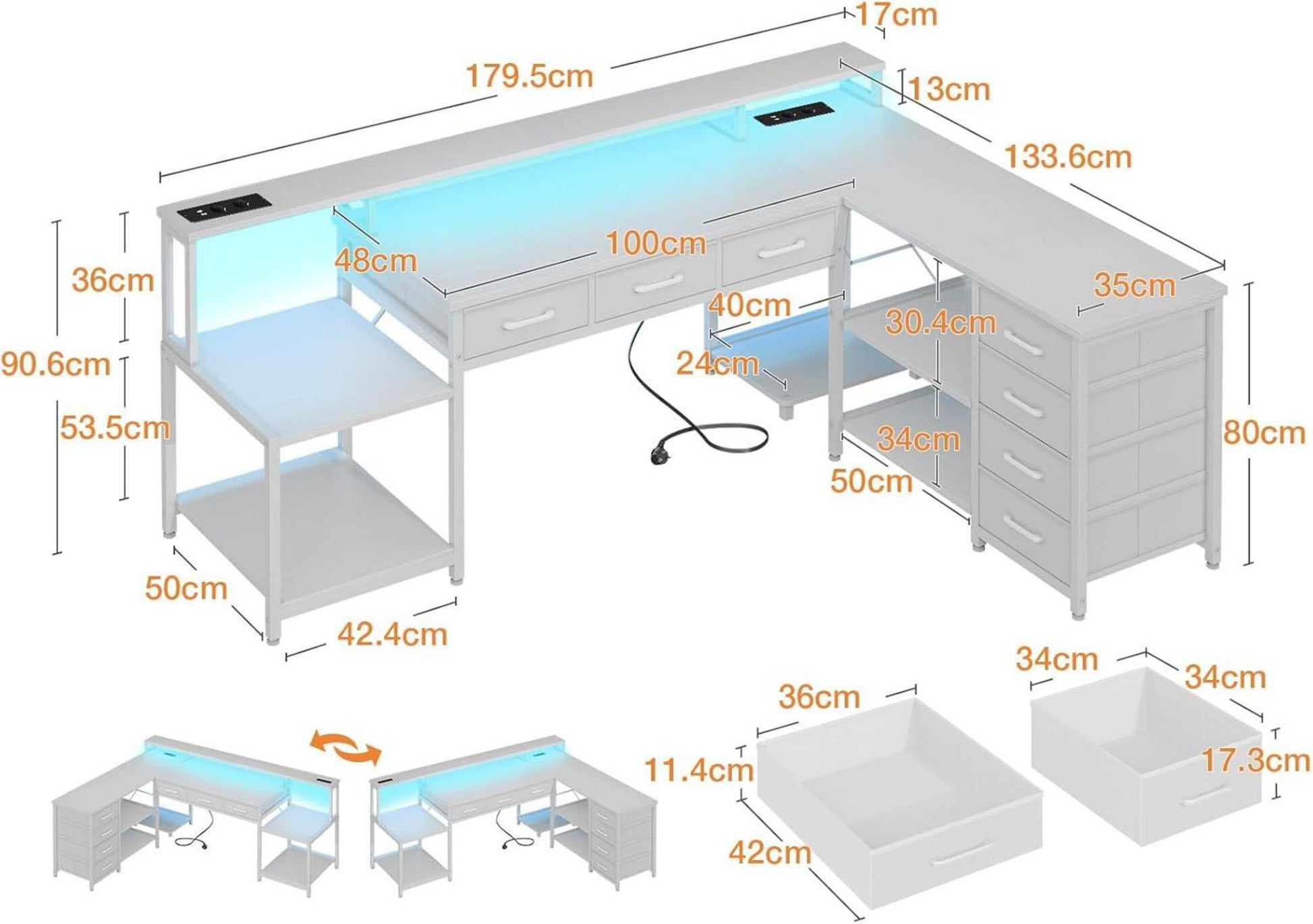 Gaming Eckschreibtisch mit RGB LED und Schubladen, L