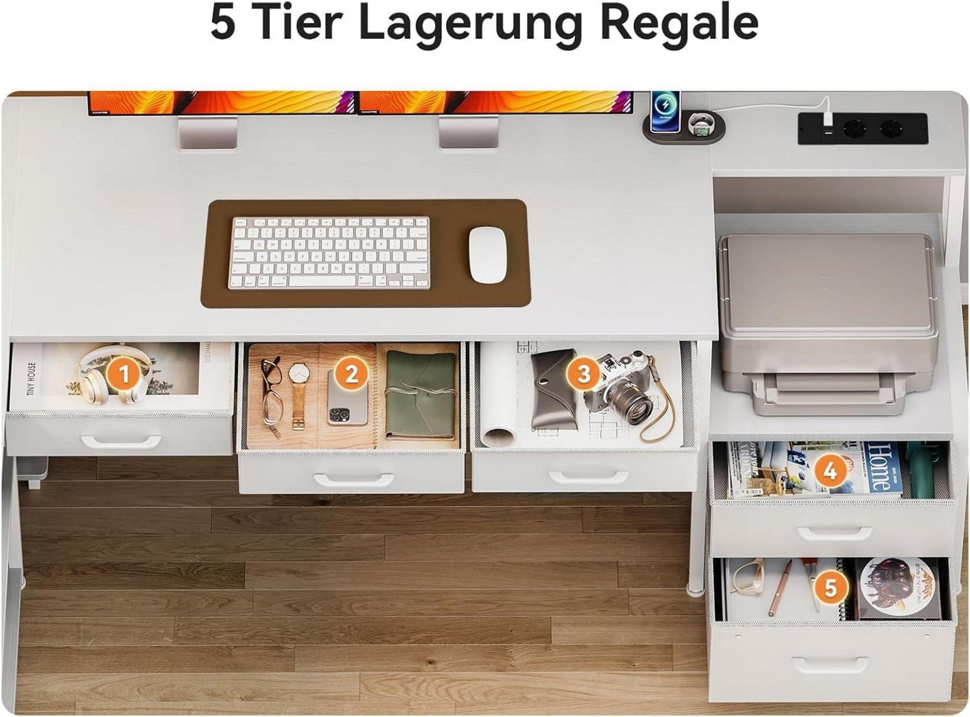 Eckschreibtisch LED USB Steckdosen Weiß 200×110cm Homeoffice