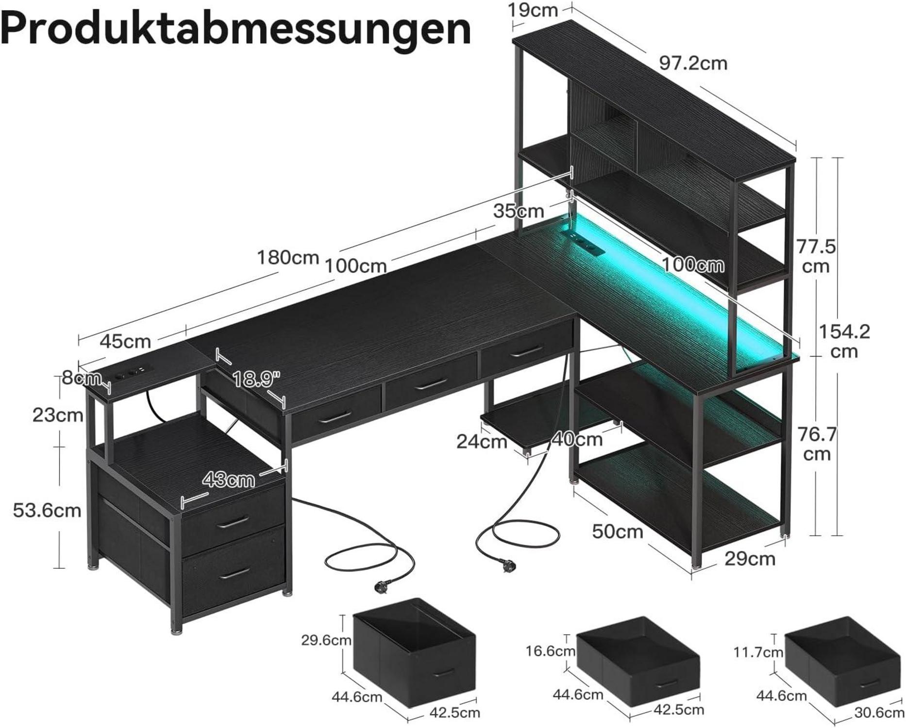 Coleshome Eckschreibtisch L-Form LED USB Schwarz 180cm