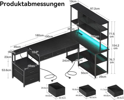 Coleshome Eckschreibtisch L-Form LED USB Schwarz 180cm