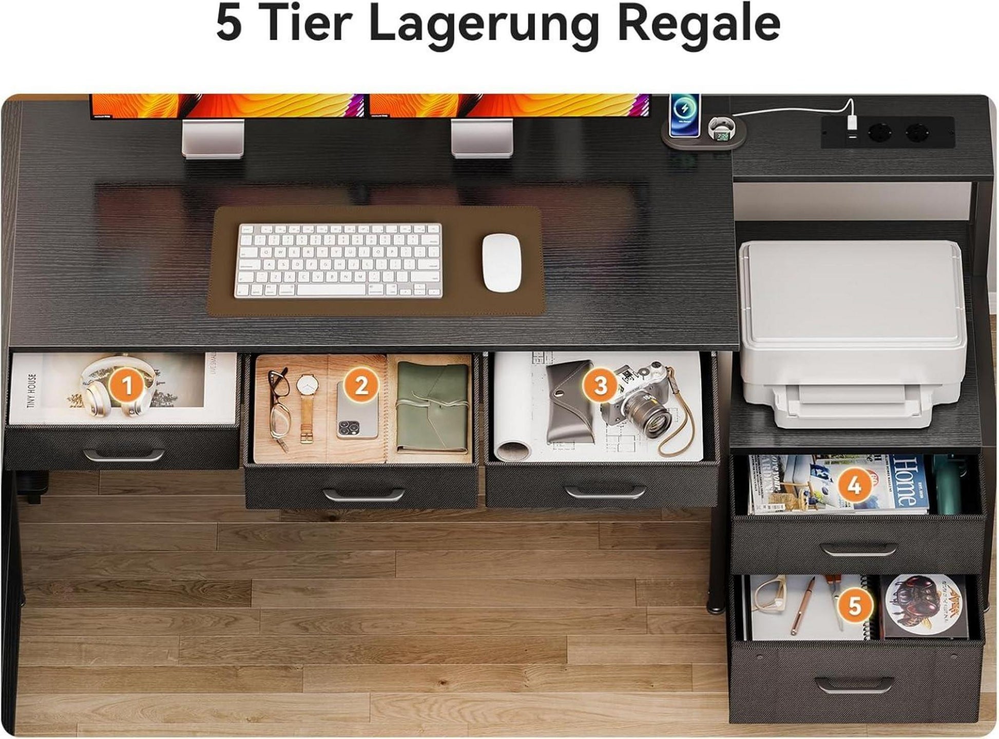 Eckschreibtisch LED USB Steckdosen Schubladen Regale Homeoffice 180cm