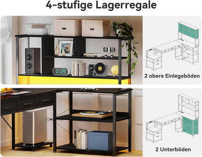 Coleshome Eckschreibtisch LED USB Schwarz 180×100cm