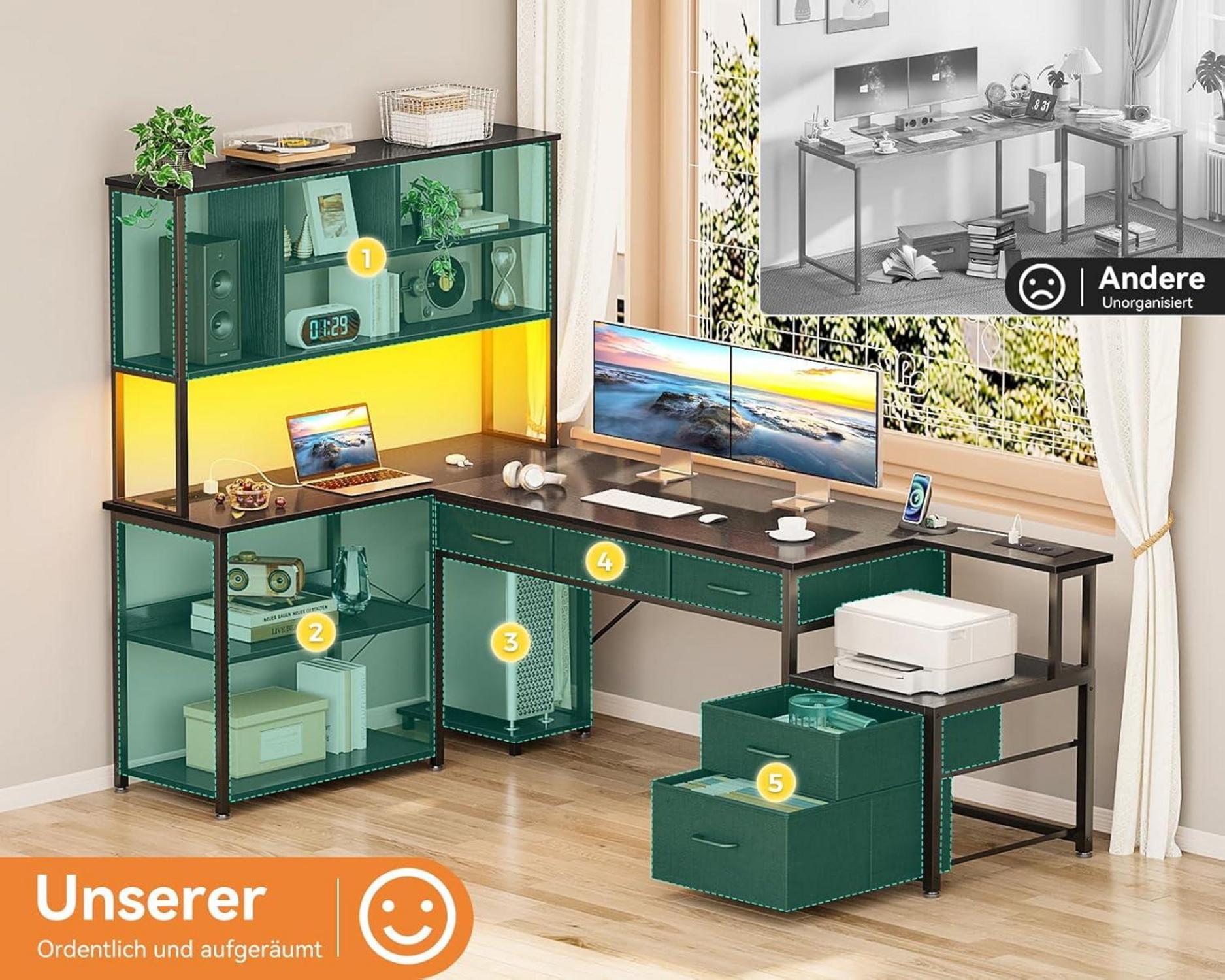 Eckschreibtisch für Homeoffice LED-Beleuchtung Schwarz 180x100cm