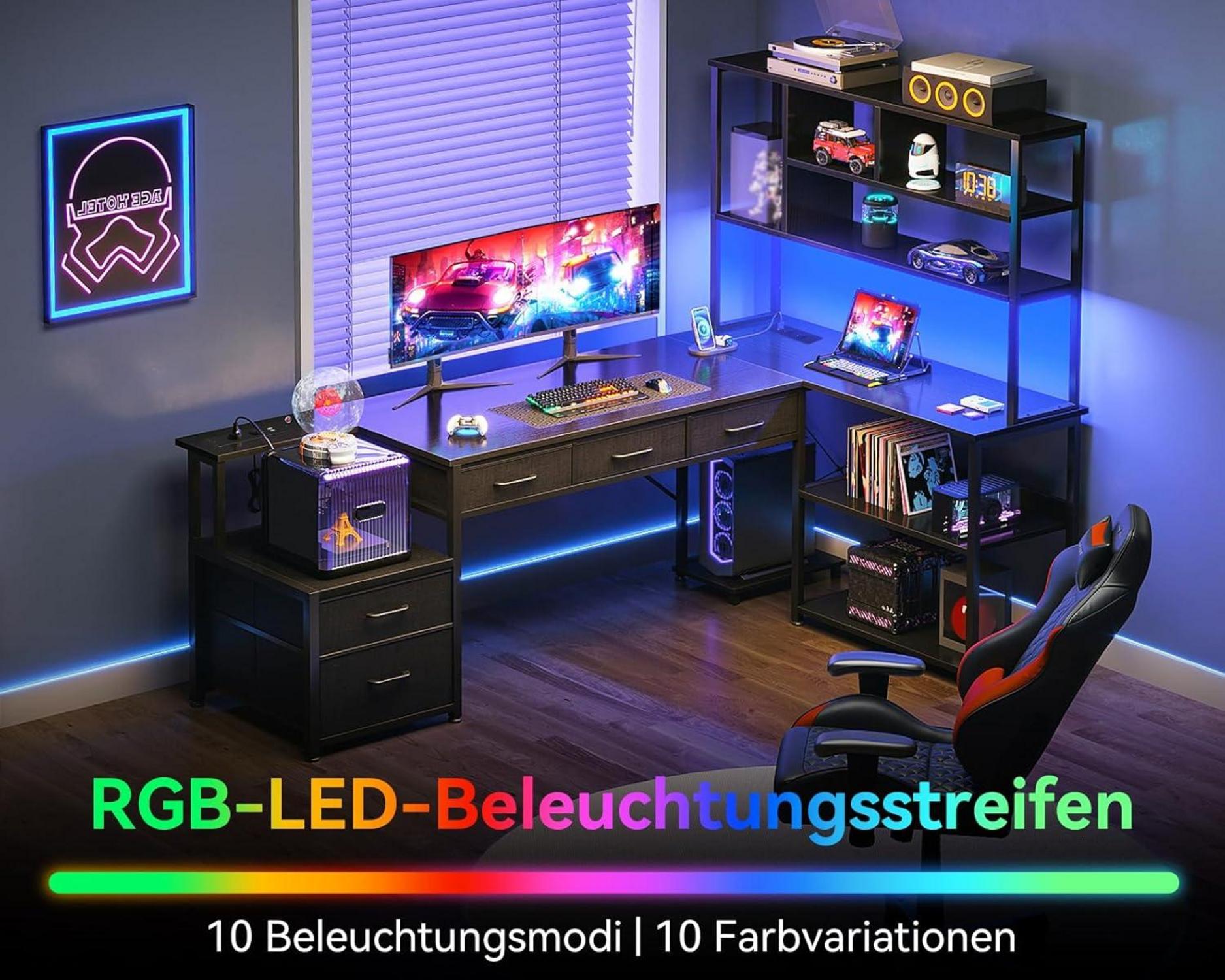 Eckschreibtisch L-Form Schwarz LED USB Schubladen Regale 180×100cm
