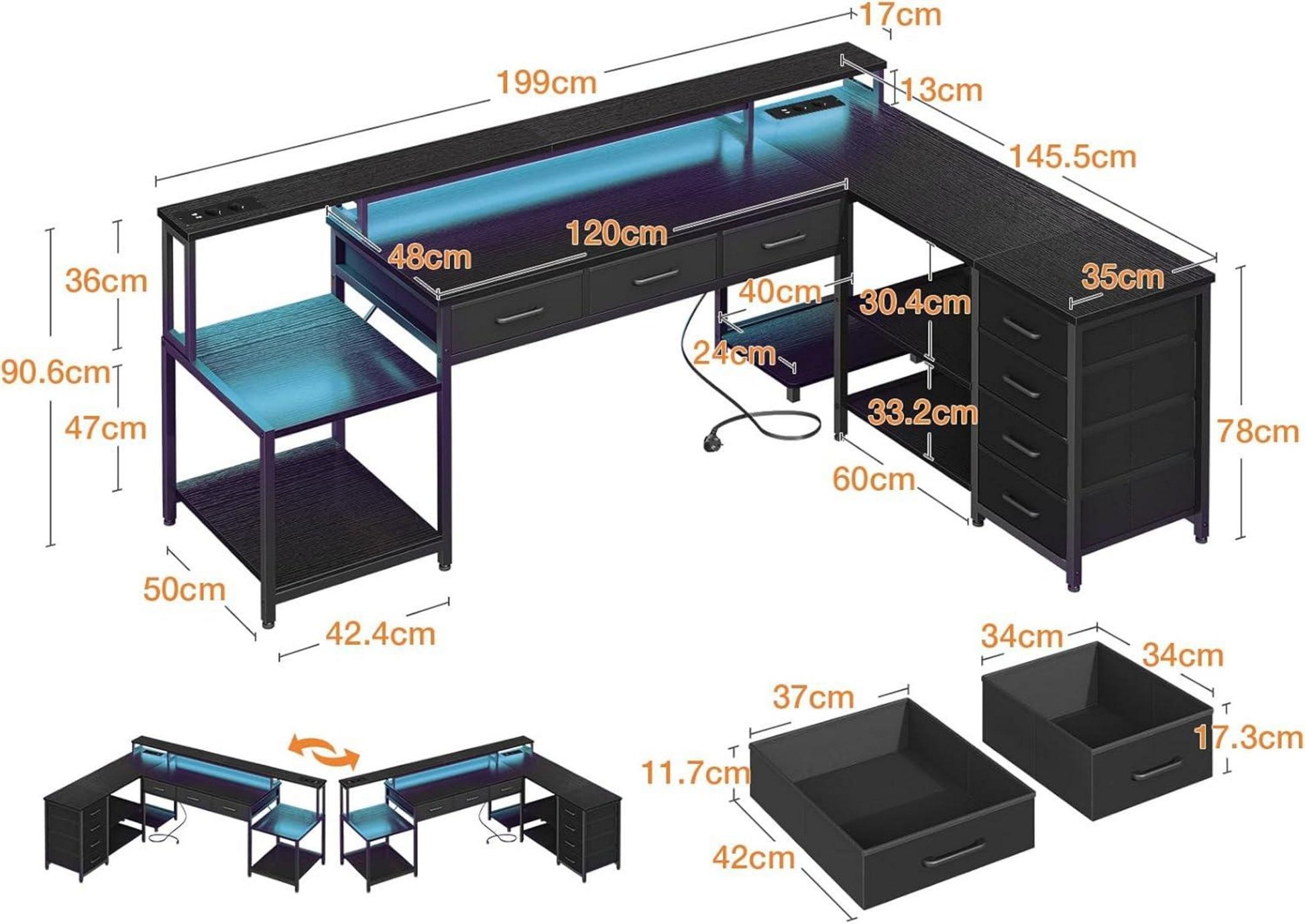 Schreibtisch Gaming Tisch Eckschreibtisch RGB LED 199.5×145.5cm