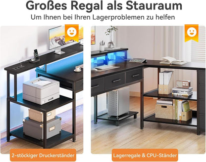 Eckschreibtisch mit RGB LED und 7 Schubladen, 199.5×145.5cm, Schwarz