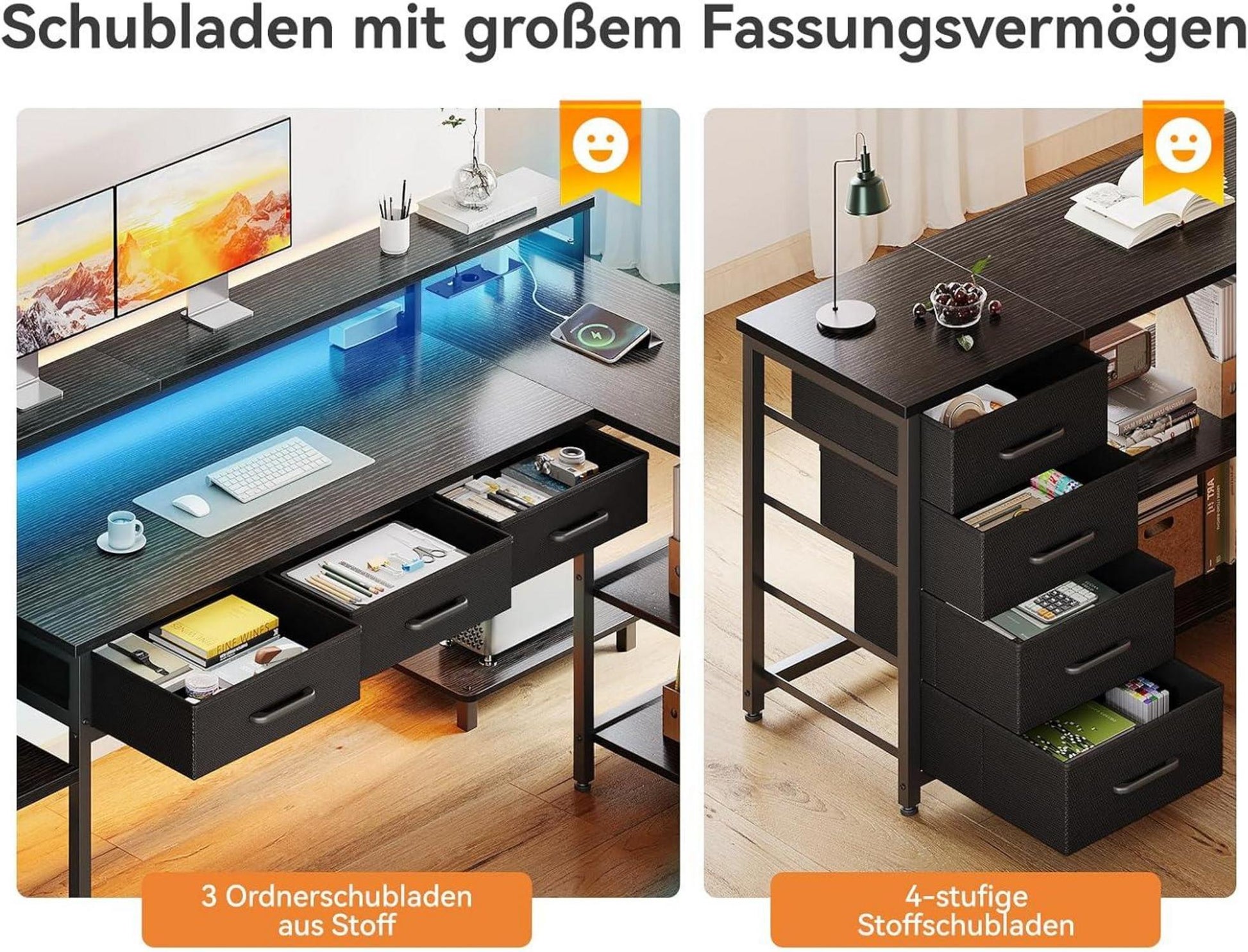 L-förmiger Gaming Schreibtisch 7 Schubladen RGB LED Stauraum 199.5×145.5cm