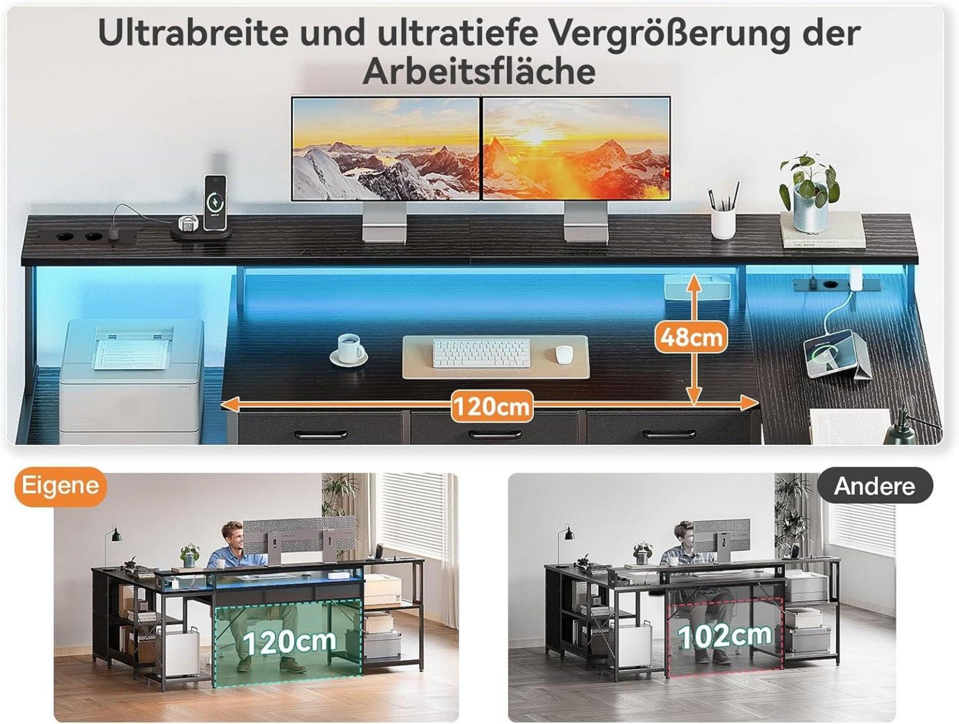 Gaming Tisch mit Schubladen Stauraum LED Beleuchtung L-Form Büro