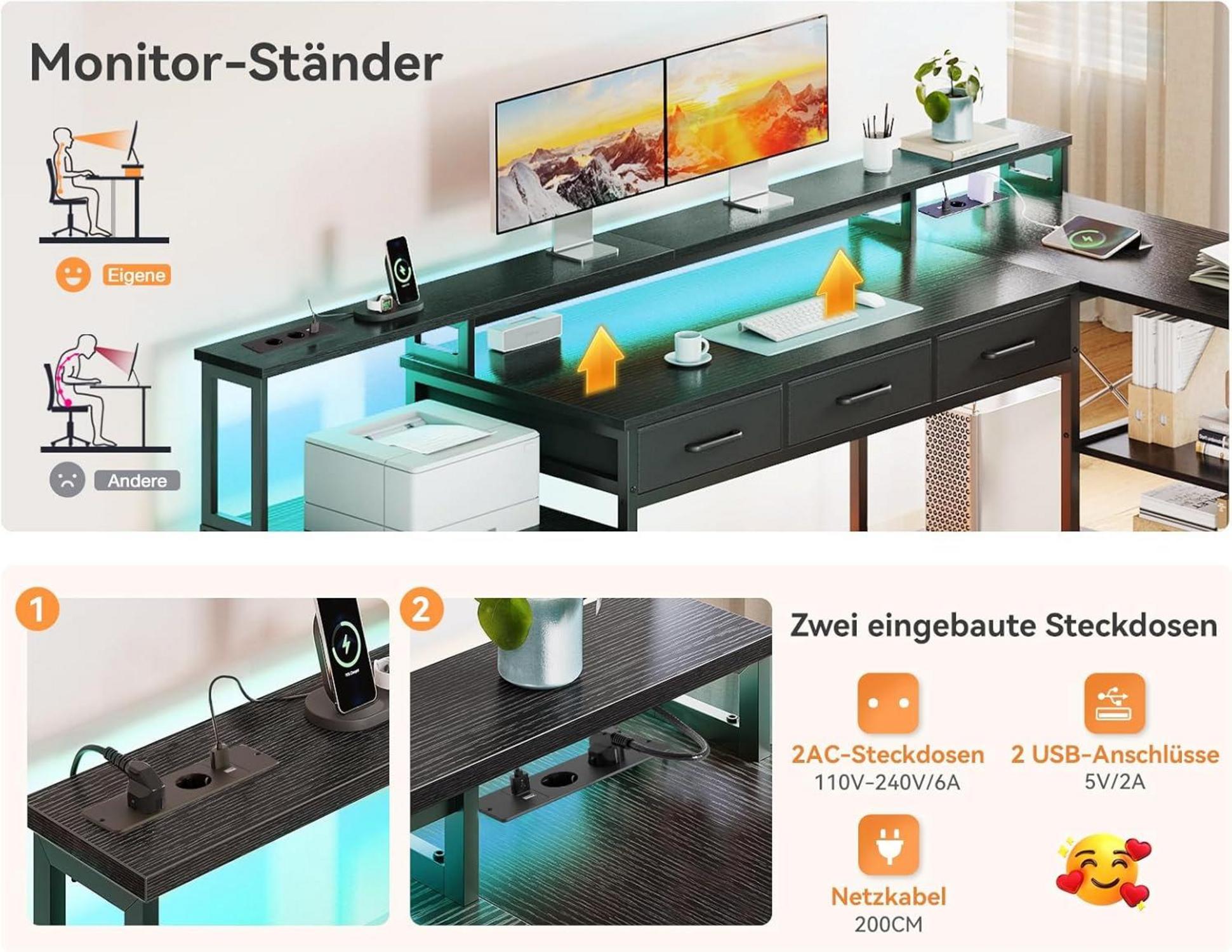 Eckschreibtisch mit RGB LED und 7 Schubladen, 199.5×145.5cm, Schwarz