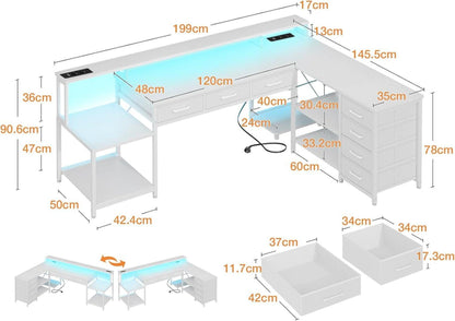 Gaming Schreibtisch mit RGB LED und Stauraum 199.5×145.5cm L-Form