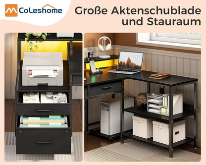 L-förmiger Schreibtisch mit Schubladen, Gaming Tisch 195x100cm LED, Steckdose