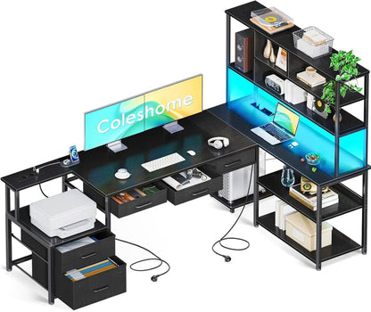 Eckschreibtisch LED USB Steckdosen Schubladen Regale 200x110cm Schwarz
