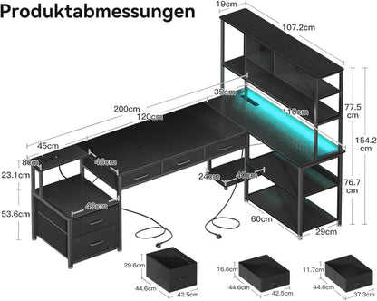 Schreibtisch LED Eckschreibtisch 5 Schubladen 4 Regale USB