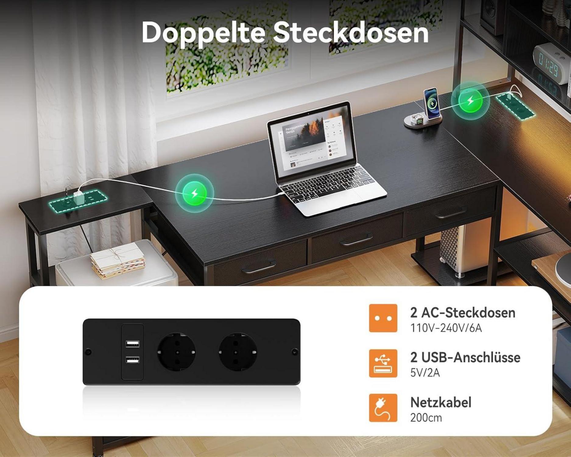 L-Form Eckschreibtisch LED USB Schwarz 200×110cm Schubladen & Regale