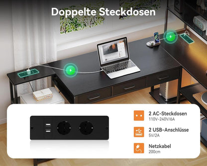 L-Form Eckschreibtisch LED USB Schwarz 200×110cm Schubladen & Regale