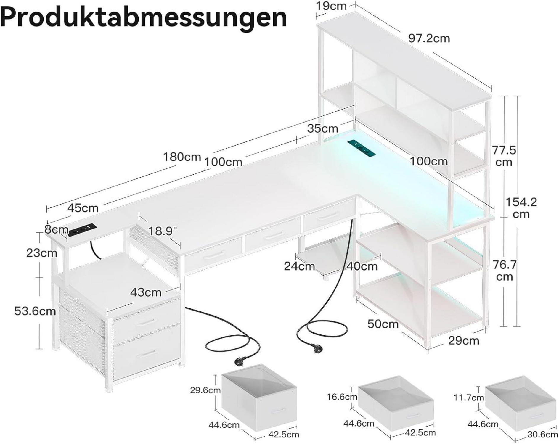 Eckschreibtisch LED USB Steckdosen Weiß 180×100cm