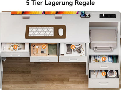 Eckschreibtisch mit LED, Schubladen, Regalen