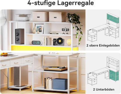 Eckschreibtisch LED USB Schubladen Regale Homeoffice Weiß 180cm