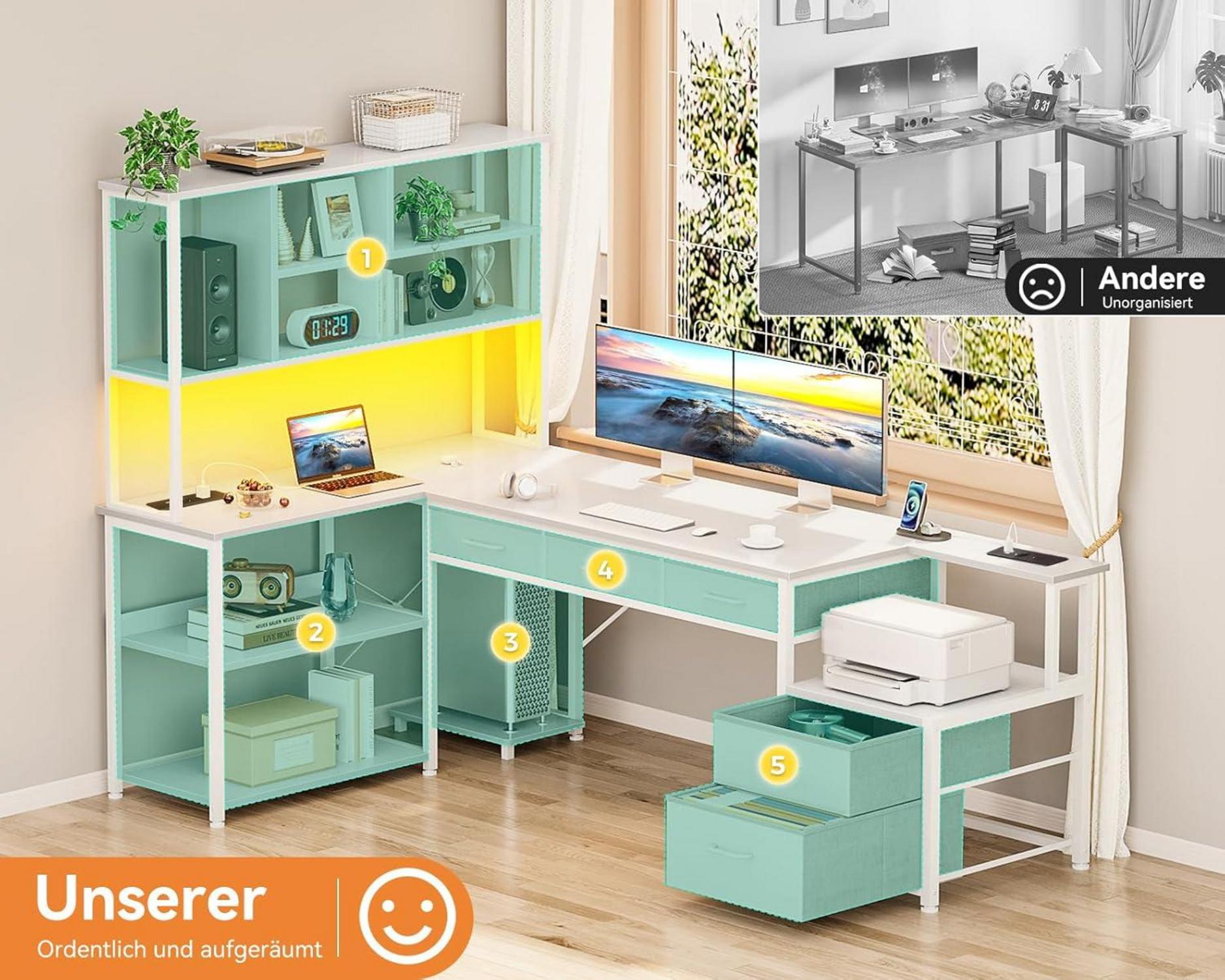 L-Form Eckschreibtisch LED USB Steckdosen Weiß 180cm Homeoffice