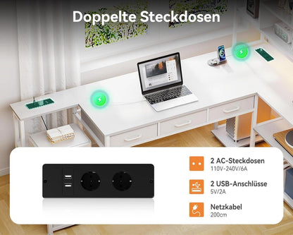 L-Form Eckschreibtisch LED USB Steckdosen Weiß 180cm Homeoffice